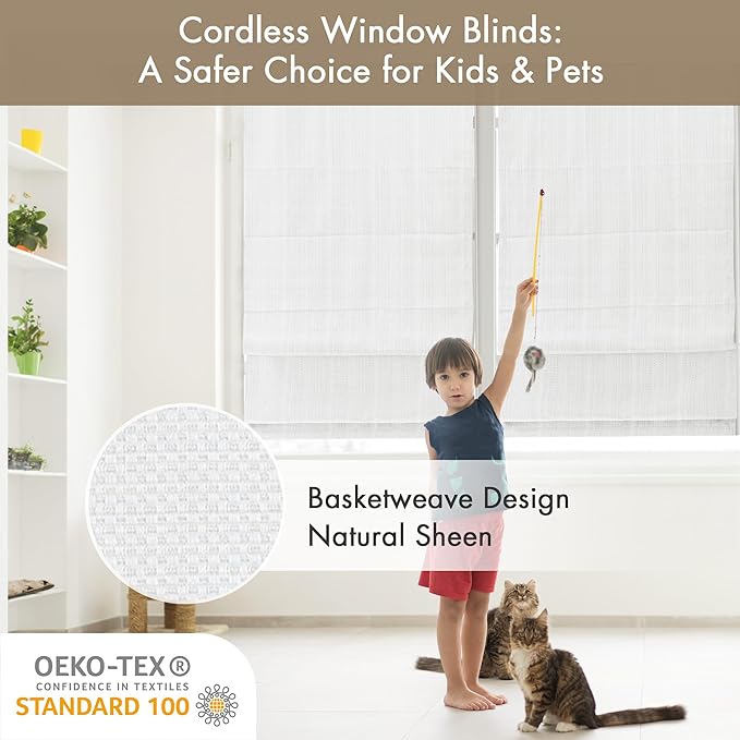 Madison Park Galen Cordless Roman Shade, 34"W x 64"H, Sheen White – Room Darkening, Thermal Insulated, Energy Efficient Window Blind with Subtle Sheen Basketweave Fabric for Privacy