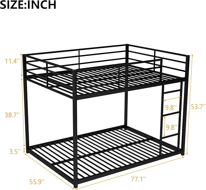 Full Over Full Metal Bunk Bed with Full-Length Guardrail,Low Bed Frame W/Ladder, Steel,No Noise,Bedroom Furniture for Adult Kid Boy Girl Teen,Black