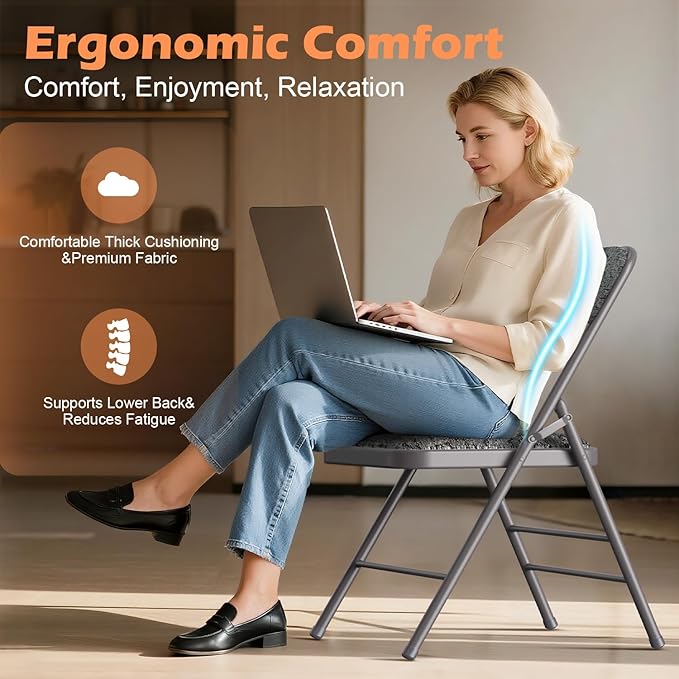 Commercial Grade Folding Chair with Padded Fabric Cushion(16"X16" |Double-hinged Legs Luxury Style|4.5kg Capacity Max Weight 150Kg for Home and Office,Indoor and Outdoor Events (4, Fabric-Grey)