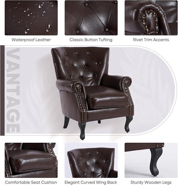 MOJAY PU Leather Accent Chair, Mid-Century Modern Armchair Living Room Club Chair with Tufted Button & Rivet Trim, Upholstered Sofa Chair with Sturdy Wood Legs for Bedroom (Caramel)
