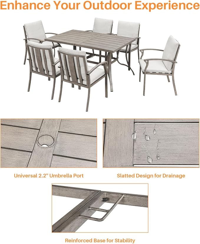 7-Piece Outdoor Patio Dining Set, Aluminum Patio Dining Set with 2.2" Umbrella Hole, Outdoor Table and Chairs with Cushions, Patio Furniture Sets for Lawn, Garden, Backyard, Limed Oak