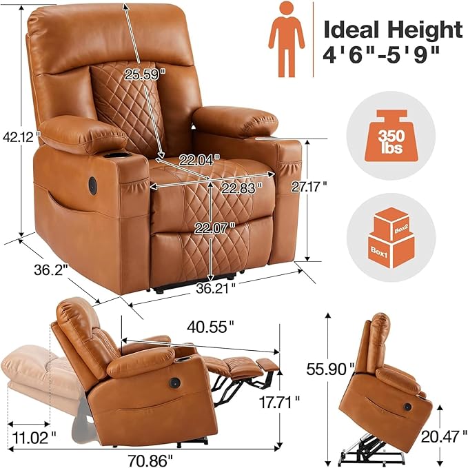 Dual Motor Power Lift Recliner Chairs with Heat and Massage for Elderly, Leather Recliners with Extented Footrest,Infinite Position Lift Chair with Cupholder,USB & Type C Ports(Light Brown)