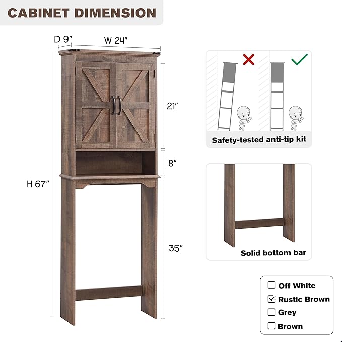 ACCOHOHO Over The Toilet Storage Cabinet, Farmhouse Bathroom Cabinet with Adjustable Shelf & Barn Door, 67" Tall Over The Toilet Shelf, Rustic Brown