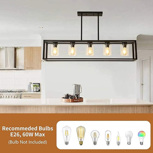Farmhouse Dining Room Light Fixture Kitchen Island Pendant Lighting Rectangle Black Dining Room Lighting Fixture Modern Pendant Contemporary Chandeliers with Glass Shade Adjustable