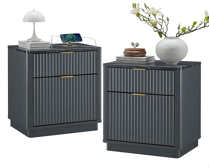 T4TREAM 23'' Fluted Nightstand Set of 2 with Charging Station, Large 2 Drawer Bedside Table, Modern End Table with Storage, Mid Century Night Stand for Bedroom Living Room, Curved Profile, Dark Grey