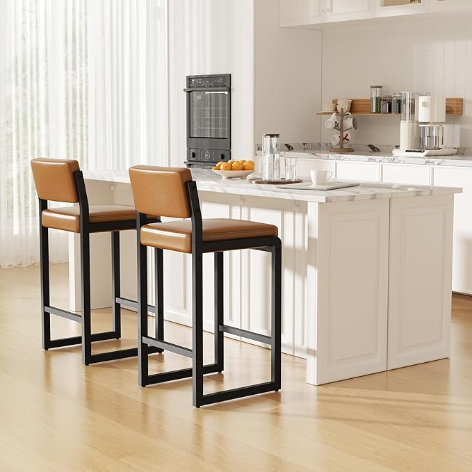 Bar Stools Set of 3, Faux Leather Counter Height Bar Stools with High Back and Metal Legs, Upholstered Bar Chairs, 26" Modern Barstools for Kitchen Island, Caramel