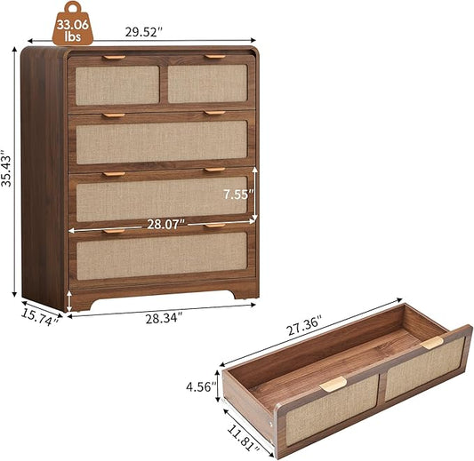 Mid Century Modern Dresser for Bedroom with 4 Drawers, 35" Tall Chest of Drawers with Natural Linen, Curved Wood Dresser Closet Clothes Storage Organizer for Living Room, Hallway((Walnut)