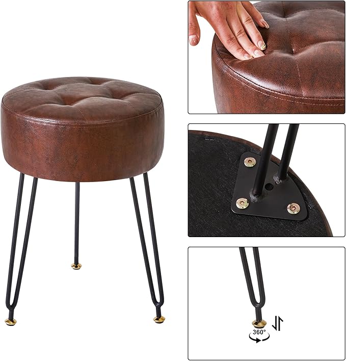 IBUYKE Faux Leather Round Footrest Stool, Makeup Vanity Stool Side Table, PU Dressing Table Seat, Pouf Couch Stool, Golden Steel Legs, Dark Brown LG-31Z