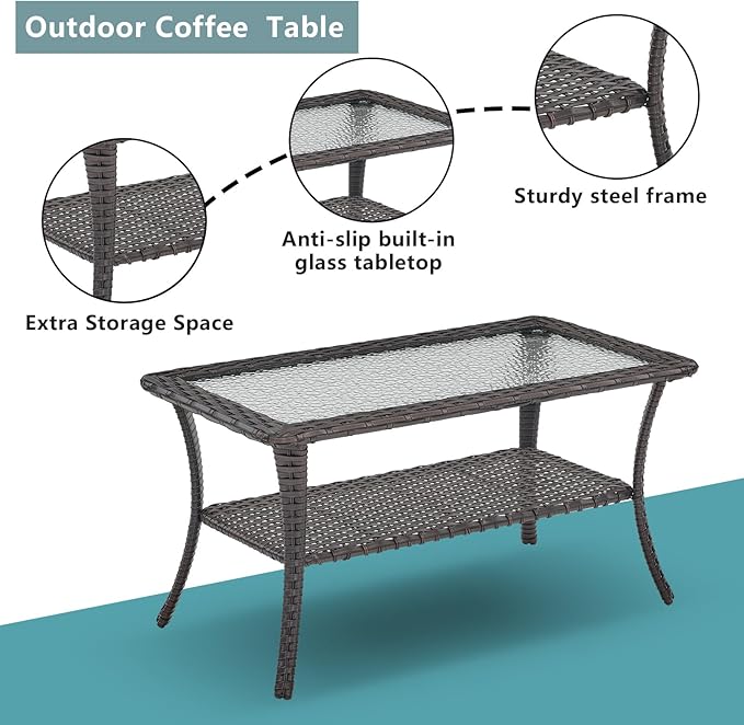 Rilyson Wicker Outdoor Patio Furniture Set - 6 Piece Patio Conversation Sets with Swivel Rocker Chairs, Ottomans, Sofa and Table, 6 inch Cushions, Deep Seating, for Porch Deck Brown/Blue