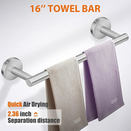 5-Pieces Bathroom Hardware Set Brushed Nickel SUS304 Stainless Steel Round Wall Mounted - Includes 16" Hand Towel Bar, Toilet Paper Holder, 3 Robe Towel Hooks,Bathroom Accessories Kit