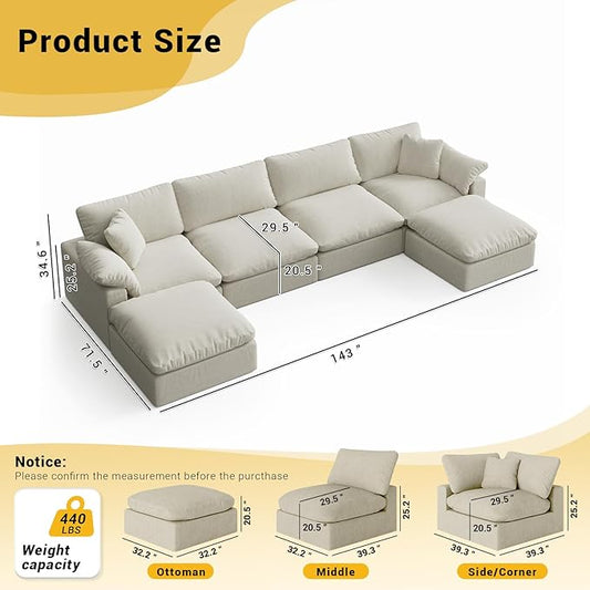Cloud Modular Couch for Living Room,U Shape Linen Blend Sofas,Modern Deep Seat Cloud Sofas,Convertible Comfort Down Filled Sectional Couches,Removable Washable Cushion Covers,Light Biege