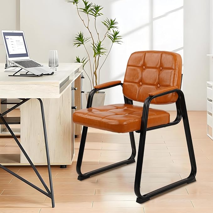 CLATINA Waiting Room Chairs with Padded Arms Leather Guest Chair no Wheels for Office Reception and Conference Desk with Sled Base Orange