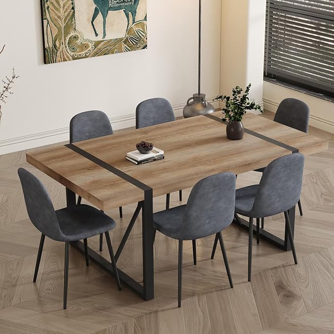 Dining Table Set for 6,Dinner Table Set for 6,71'' Kitchen Table and Suede Nap Fabic Chairs Set of 6,6 Chair Dining Table Set for Kitchen Dining Room