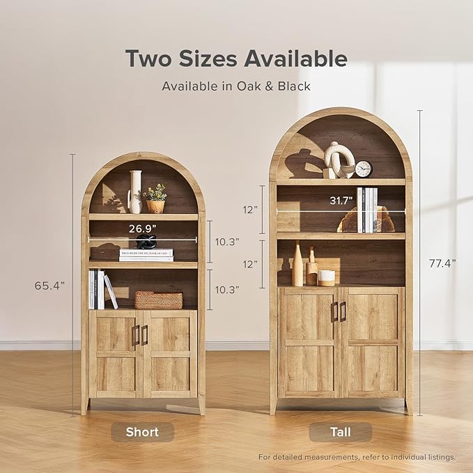 mopio Lauren 77.4" Tall Arched Cabinet, 5-Tier Arched Bookcase with Doors and Adjustable Shelves, Arch Bookshelf with Storage, Wooden Storage Cabinet for Living Room and Kitchen Pantry (Oak)