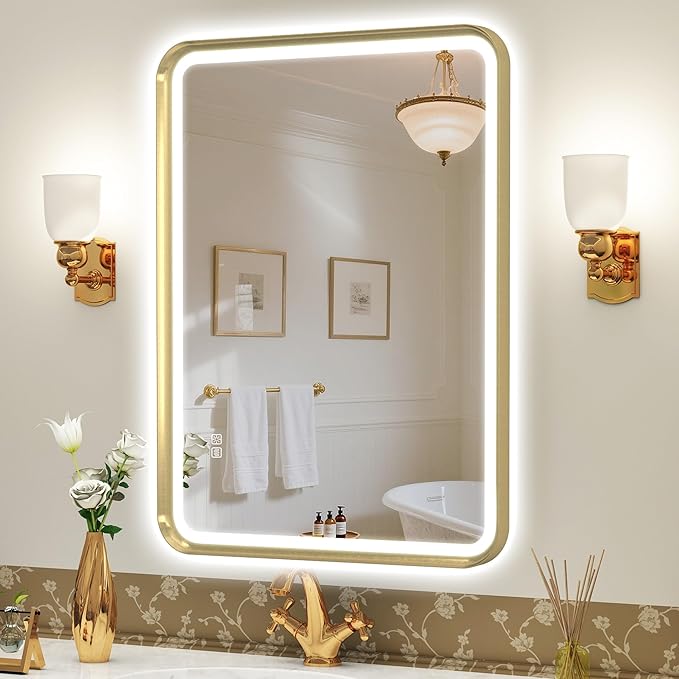 S'bagno 32X24 Gold LED Mirror for Bathroom with Frontlit & Backlit, LED Bathroom Mirror with Metal Frame, Anti-Fog, Stepless Dimmable, 3 Colors Temperature LED Vanity Mirror(Horizontal/Vertical)