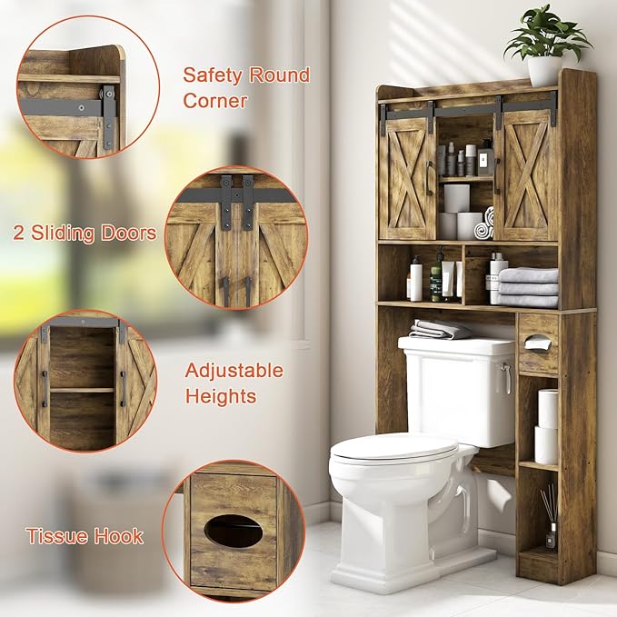 Vabches Over The Toilet Storage Cabinet, Farmhouse Storage Cabinet Over Toilet with Sliding Doors & Toilet Paper Holder Stand,Home Space-Saving Toilet Rack, for Bathroom, Restroom, Laundry