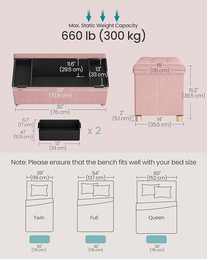 SONGMICS Storage Ottoman Bench, Folding Storage Chest, 15 x 30 x 15.2 Inches, Foot Rest Stool, 20 Gal. (77 L), Velvet Surface, for Bedroom, Entryway, Living Room, Jelly Pink ULSF0517R01
