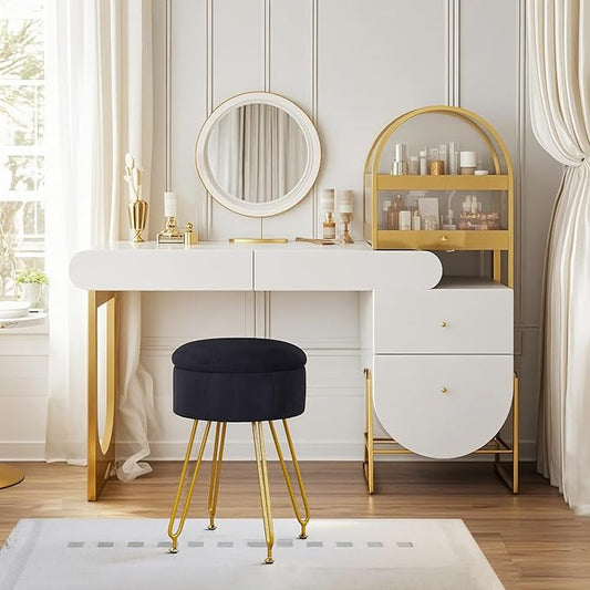 VECELO Vanity Stool with Storage, Velvet Chair for Vanity, Strong Metal Legs, Anti-Slip Feet, Padded Seat for Make Up, Bedroom, Living Room, Entryway, Black