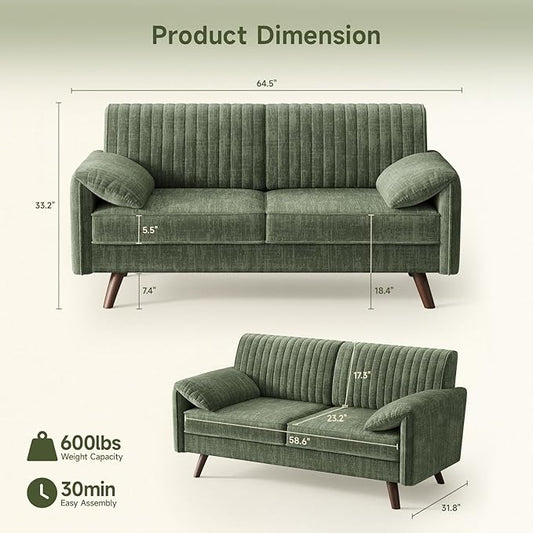 ONBRILL 64.5" Loveseat Sofa, Chenille Loveseat Couch for Living Room, 23.2" Deep Seat Love Seat with Padded Arms, Comfy Modern Small Couches for Bedroom, Small Spaces, Dorms, Office, Green