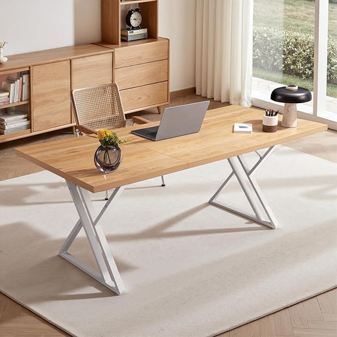 70.9Inch Office Desk, Executive Office Desk,Modern Industrial Style, Z-Shaped Table Legs, Country Black Wood Grain Top, for Home Office, Study, Conference (Natural)