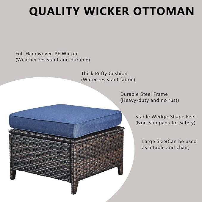 Rilyson Wicker Outdoor Patio Furniture Set - 7 Piece Patio Conversation Sets with Swivel Rocker Chairs, Ottomans and Sofa, 6 inch Cushions, Waterproof Wicker, for Porch Deck Brown/Blue