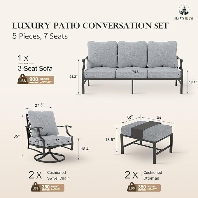 HERA'S HOUSE 5 Piece Patio Furniture Set, 2 x Swivel Chair, 2 x Ottoman, 1 x 3-Seat Sofa, All Cushioned Outdoor Conversation Set for Lawn Garden Backyard Deck, Grey