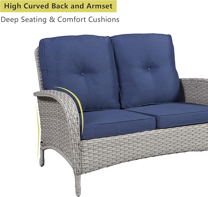 HUMMUH 5-Piece Patio Furniture Wicker Outdoor Conversation Set,All-Weather Rattan Swivel Chairs Bistro Set with Loveseat Coffee Table for Backyard,Poolside,Deck(Grey/Blue)
