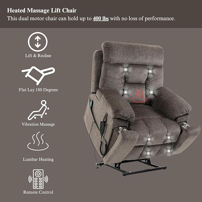 Dual Motor Lay Flat Lift Chairs Recliners - Extra Wide Big Man Recliner with Heat & Massage - Hidden Cup Holder - 400 lbs Capacity