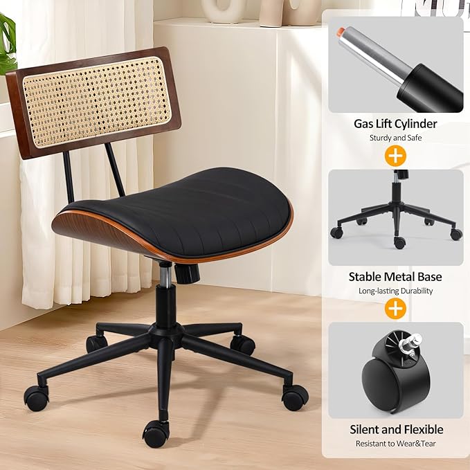 Home Office Chair with Wheels, Adjustable Height Desk Chair with Rattan Backrest, Leather Swivel Computer Chair, Armless Modern Walnut Chair for Office, Meeting Room, Black