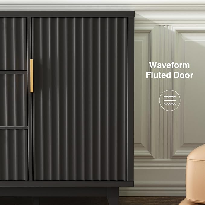 47.2" W Storage Cabinet with 3 Drawers, Fluted Buffet Cabinet with Storage, Large Sideboard with 2 Door, Modern Mid Century TV Stand Coffee Bar Cabinets for Living Room, Kitchen, Entryway