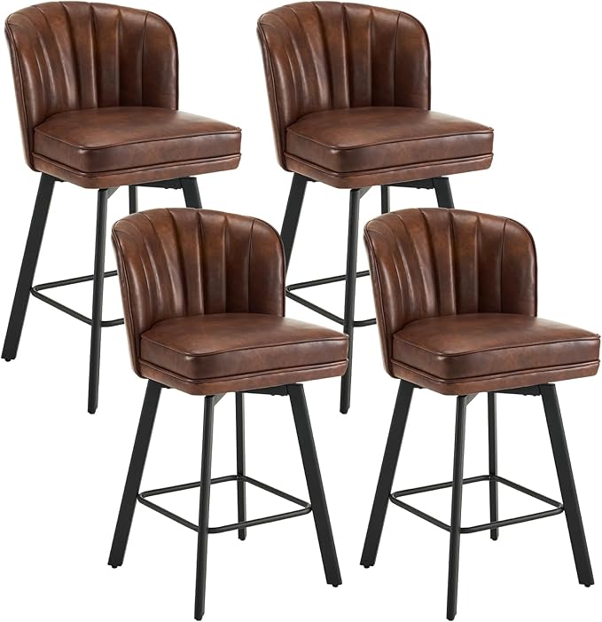 Swivel Counter Height Bar Stools Set of 4, 26'' Modern Barstools with Backs and Metal Legs, Upholstered Bar Chairs, Faux Leather Brown Stools for Kitchen Island Chairs