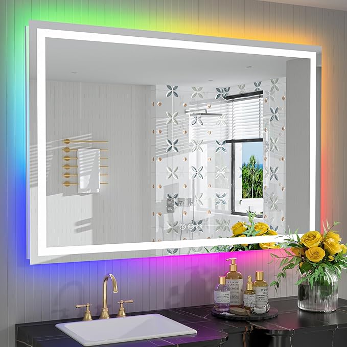 55x40 Inch RGB LED Bathroom Mirror Front Light and RGB Backlit Lighted Vanity Mirror for Bathroom Wall Mounted Dimmable Anti Fog Memory Shatter-Proof IP54 Waterproof Horizontal/Vertical