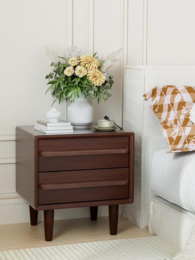 Solid Oak Wood Nightstand, Mid-Century Modern Bedside Table with 2 Drawers, Curved Profile End Table with Storage & Solid Wood Feet for Bedroom, Easy Assembly, Dark Walnut Color (15.7"Dx17.7"Wx21.6"H