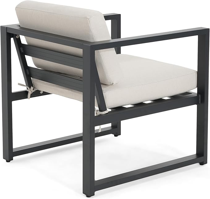 Christopher Knight Home Navan Set of 2 Outdoor Patio Club Chairs with Cushions, Aluminum Outdoor Armchair, Garden Sofa Lounge Chairs, Patio Conversation Set for Porch Backyard Garden, Beige+Black