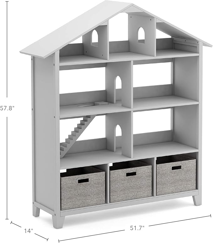 Martha Stewart Kids' Deluxe Dollhouse Bookcase - Gray: Kids Wooden Bookshelf and Tall Book Shelf Organizer with Toy Storage | Toddler Book Rack | Dollhouse Bookshelf | Playroom or Bedroom Storage