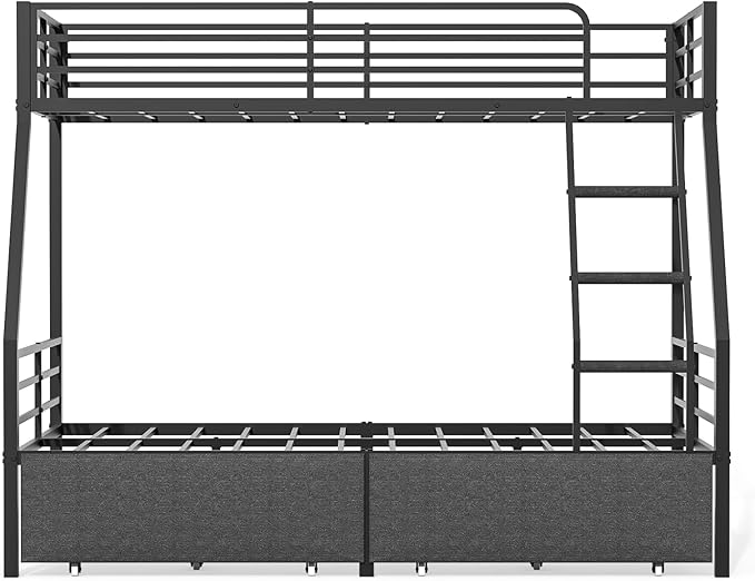Bunk Beds Twin Over Full Size, Heavy Duty Bunk Beds with 2 Storage Drawers, Safety Guardrails & Padded Ladder, Twin Over Full Bunk Bed, No Box Spring Needed, Black