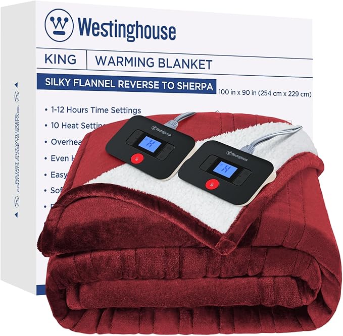 Westinghouse Electric Blanket King, Heated Blanket King Size with 10 Heating Levels and 1 to 12 Hours Heating Time Settings, Flannel to Sherpa Reversible, Machine Washable (90" x 100", Red)