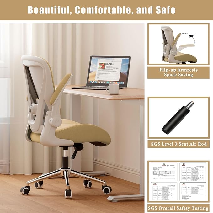 Kahki Ergonomic Office Desk Chair, Soft Fabric Thickened Curved seat Cushion with Adjustable Lumbar Support, Perfect Blend of Comfort and Good Looks, Ideal Chair for Home or Office, Khaki