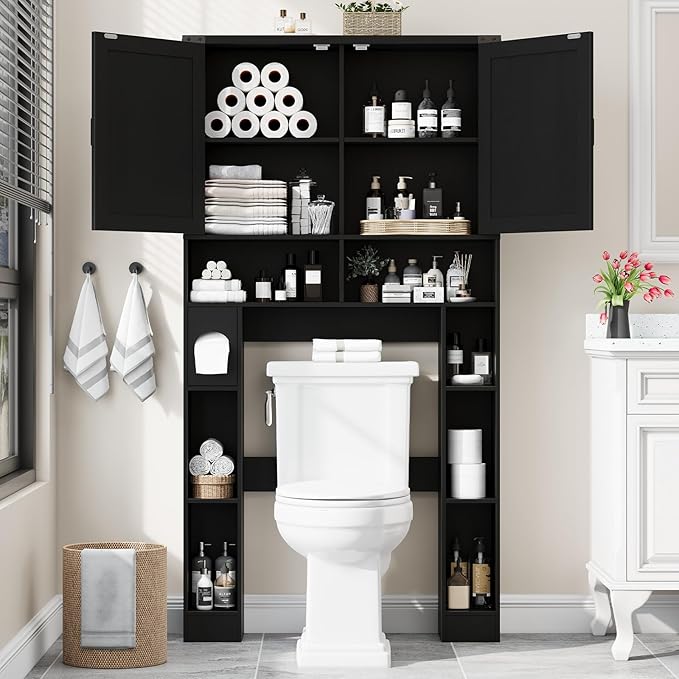 Vabches Over The Toilet Storage Cabinet, Farmhouse Storage Cabinet Over Toilet with 2 Barn Doors ,Toilet Paper Holder Stand,Home Space-Saving Toilet Rack, for Laundry, Restroom, Bathroom.Black.