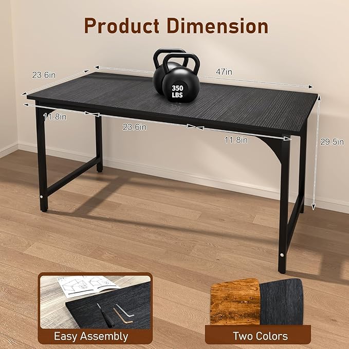 47'' Computer Desk with Deeper Desktop, Home Office Desk Workstation with Sturdy Metal Frame, Modern Simple Desk for Gaming Studying Writing, Black