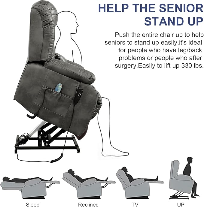 MAEVIS Large Genuine Leather Power Lift Recliner Chair, Dual Motor Recliner for Elderly,Extended Footrest and Lumbar Pillow for Tall Man,with Heat and Massage, USB and Type-C Ports(Silver Gray)