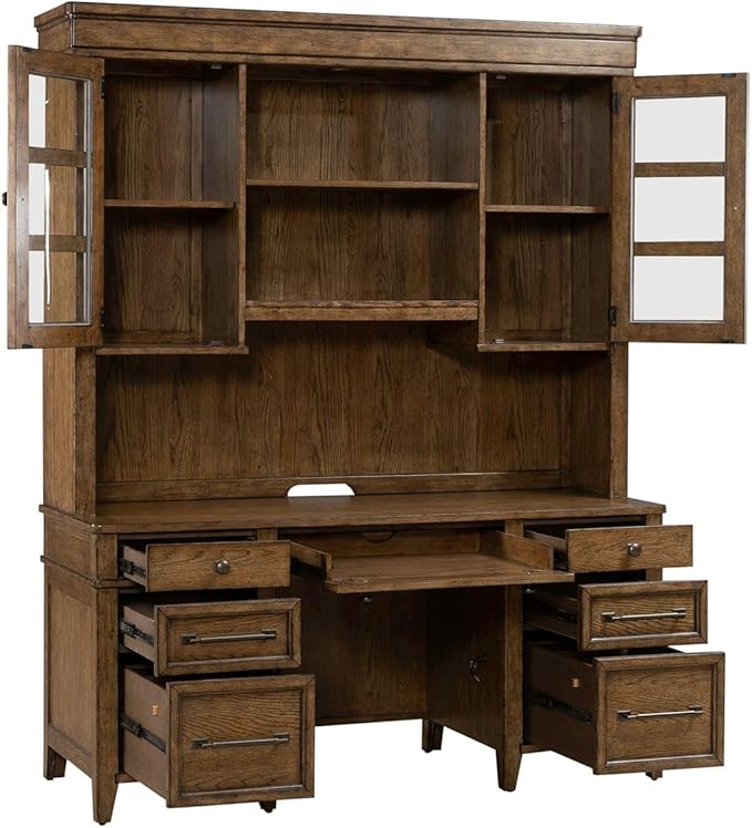Liberty Furniture Carolina Park 5 Piece Jr Executive Set with Desk, Credenza & Hutch for Home Office- Amber Brown Oak Wood