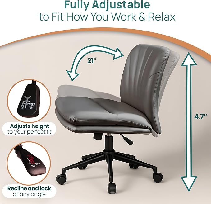 NYPOT Armless Desk Chair with Wheels for Criss Cross Sitting - Cross Legged Wide Armless Chair - Adjustable Vanity 360° Swivel Stool and 120° Rocking Wide Seat Comfy for Home and Office, Color Grey