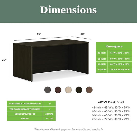 HON MOD Executive Desk 60-Inch Large Computer Desk Shell, Thick Wooden Laminate, Modern Table with Cord Management, 60" W x 30" D x 29" H, Java Oak