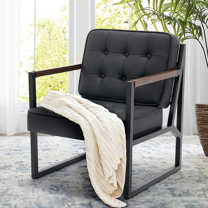 COLAMY Black Leather Accent Chair, Accent Arm Chair for Living Room, Comfy Armchair with Metal Legs for Living Room Bedroom Reception Waiting Room