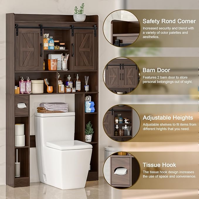 Farmhouse Storage Cabinet Over Toilet with Sliding Doors,Over The Toilet Storage Cabinet, Home Space-Saving Toilet Rack, for Bathroom, Restroom, Laundry.Espresso