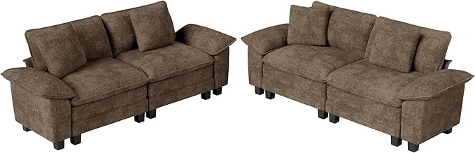 L-Shaped Cloud Modular Sofa Set, 4-Piece Double Loveseat Sectional w/Deep Seat & Removable Arms, Plush Chenille for Living Room - Taupe