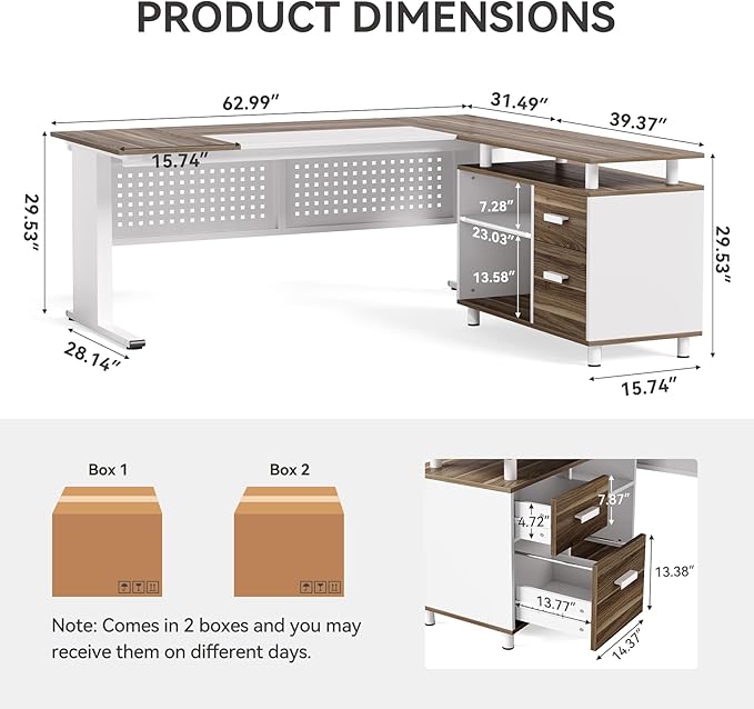 LITTLE TREE Large Computer Desk with File Cabinet, 63 Inch Executive Desk L Shaped Office Desk with Drawers and Storage Shelves, Business Furniture Desk Workstation for Home Office