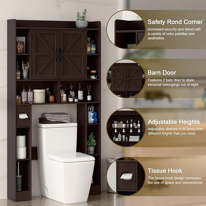 Farmhouse Storage Cabinet Over Toilet with Barn Doors,Over The Toilet Storage Cabinet, Home Space-Saving Toilet Rack, for Bathroom, Restroom, Laundry.Espresso