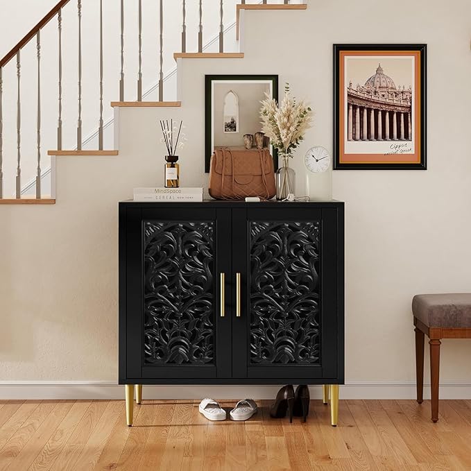 ARTPOWER Vintage Accent Cabinet with 2 Doors, Hollow Carving Buffet Cabinet, Sideboards and Buffets with Storage, Credenza for Living Room, Kitchen, Dining Room, Entryway, Hallway, Black